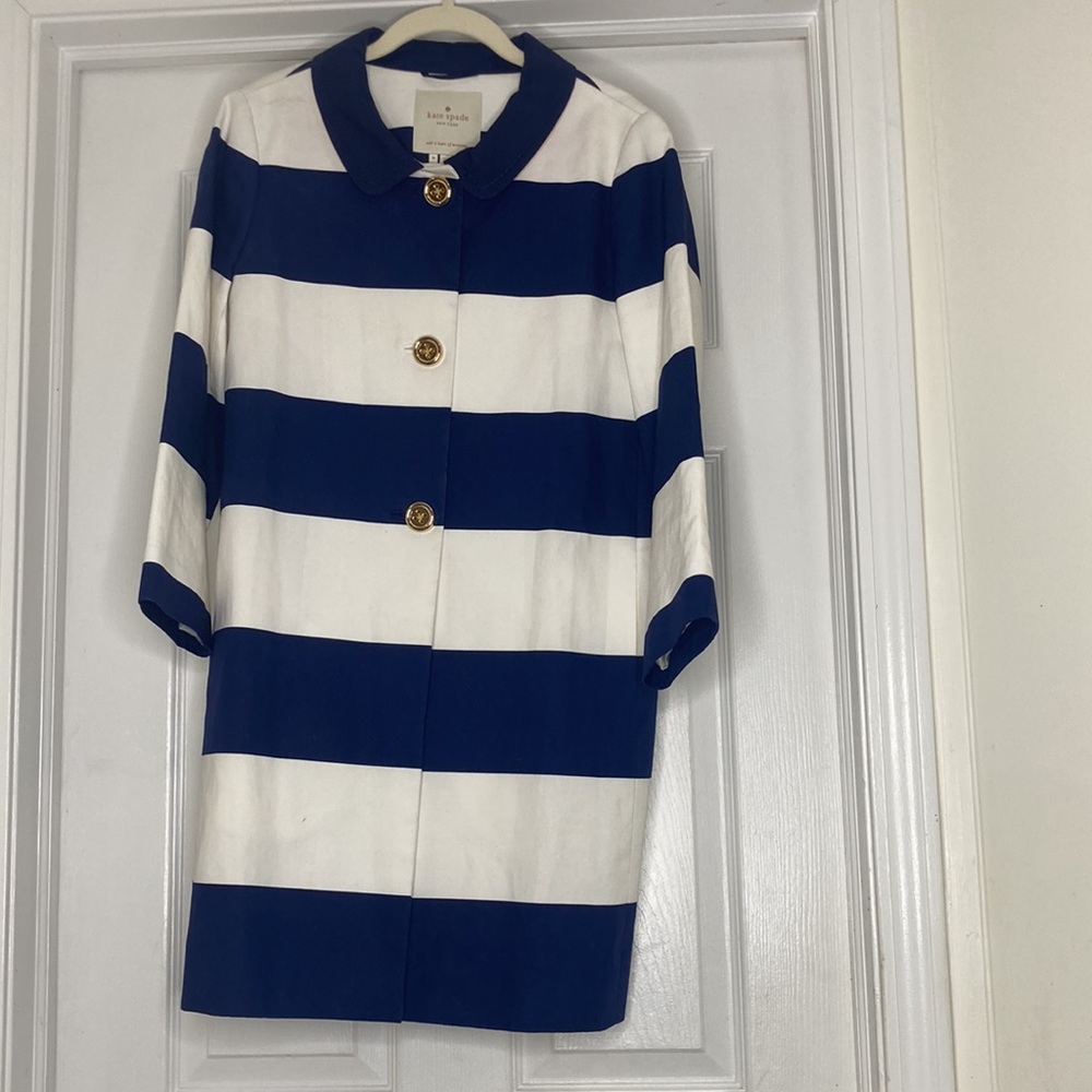 Kate Spade New York Coat Blue White Stripes Size M red popup collar gold buttons